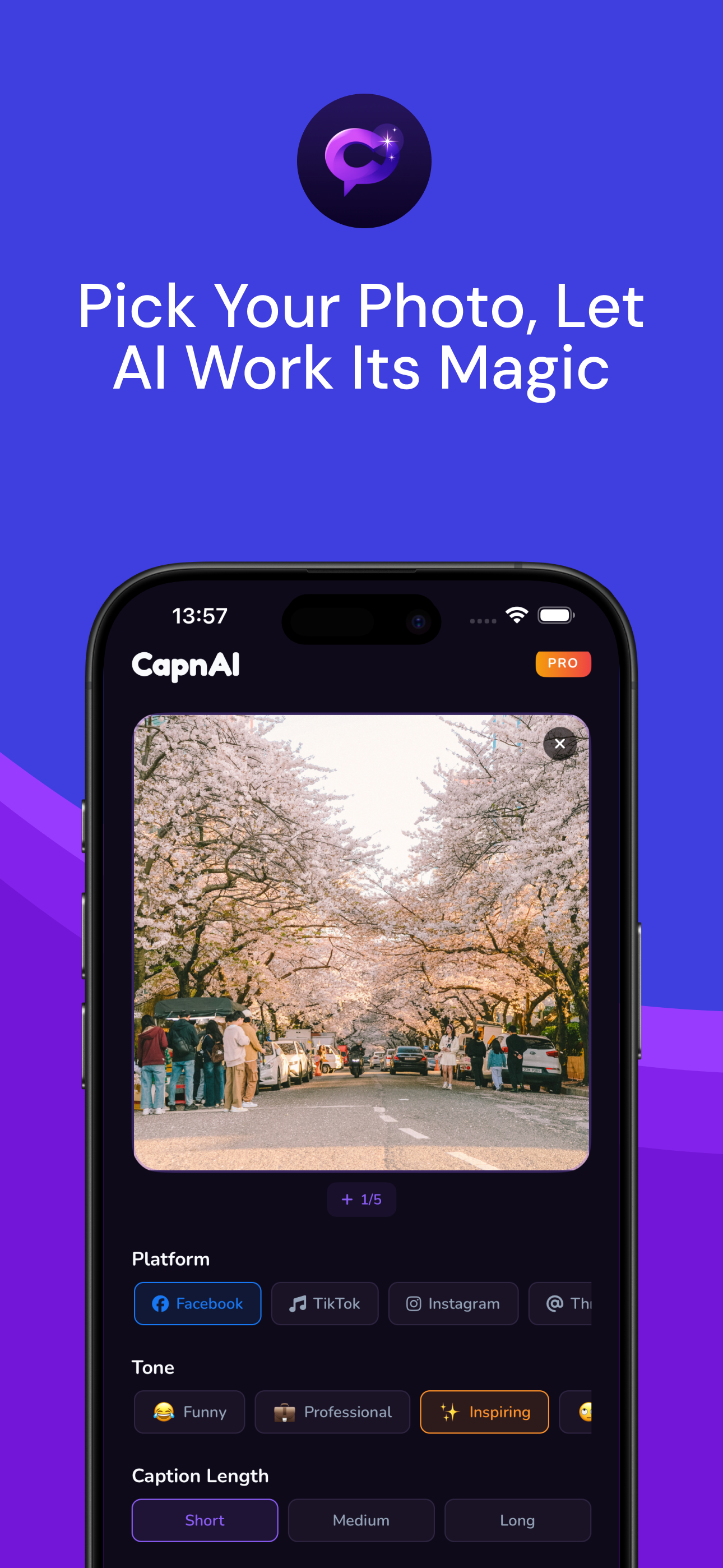 CapnAI home screen — pick a photo to generate captions